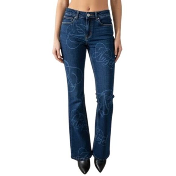 Dolls Kill NGOrder Low Rise Flare Jeans Angel Print Bootcut Size 6 Blue Denim - Picture 1 of 10